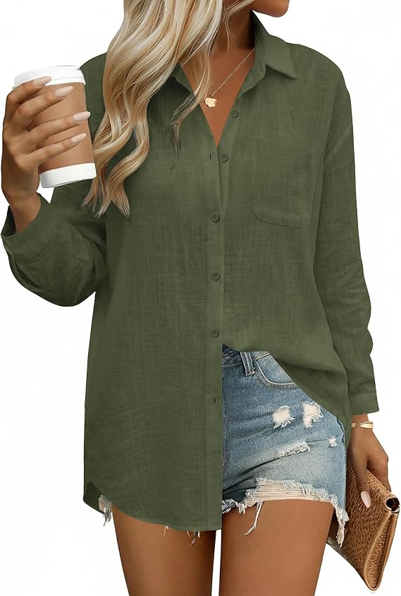 Womens Button down Shirts Linen Cotton Long Sleeve Blouses Casual Collared Loose Fit Gauze Tops with Pocket
