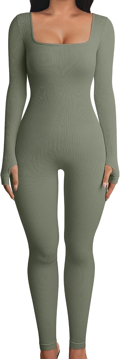 Women Long Sleeve Yoga Jumpsuits Workout Ribbed Bodysuits Pants Sexy One Piece
