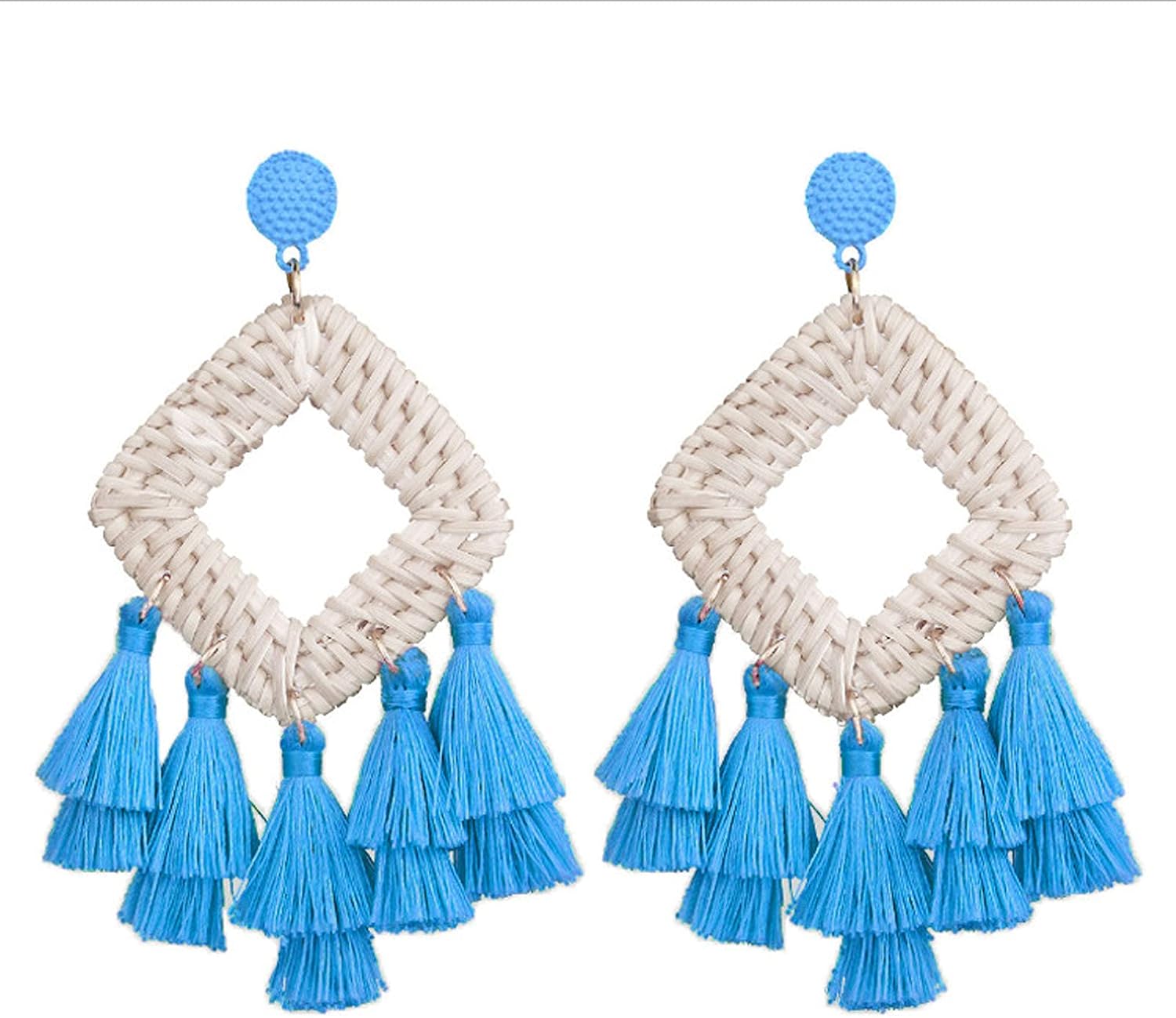 Bohemia Tassel Earrings Statement Handmade Dangle Ethnic Fringe Earrings Bamboo Weaving Geometric Square Sector Gifts for Women