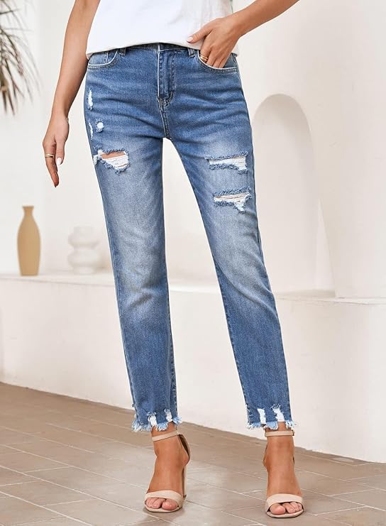 Women'S High Waisted Tummy Control Straight Ankle Ripped Jeans