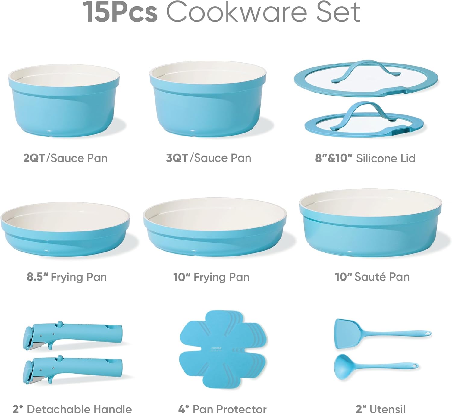 15Pcs Pots and Pans Set,Ceramic Cookware Sets Non Stick with Detachable Handle, Induction Kitchen Pots and Pans,Rv Cooking Set, Oven/Dishwasher/Fridge Safe, Space Saving