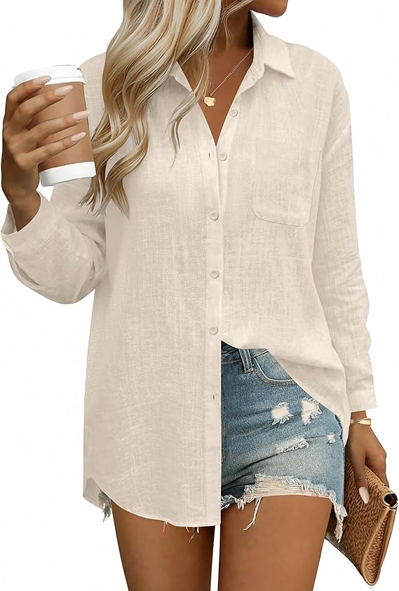 Womens Button down Shirts Linen Cotton Long Sleeve Blouses Casual Collared Loose Fit Gauze Tops with Pocket