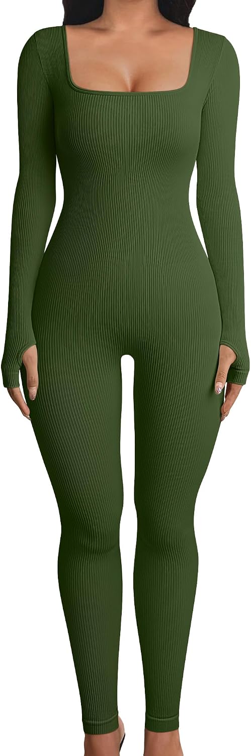 Women Long Sleeve Yoga Jumpsuits Workout Ribbed Bodysuits Pants Sexy One Piece