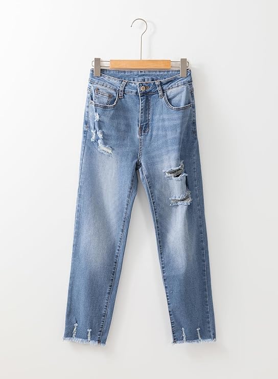 Women'S High Waisted Tummy Control Straight Ankle Ripped Jeans