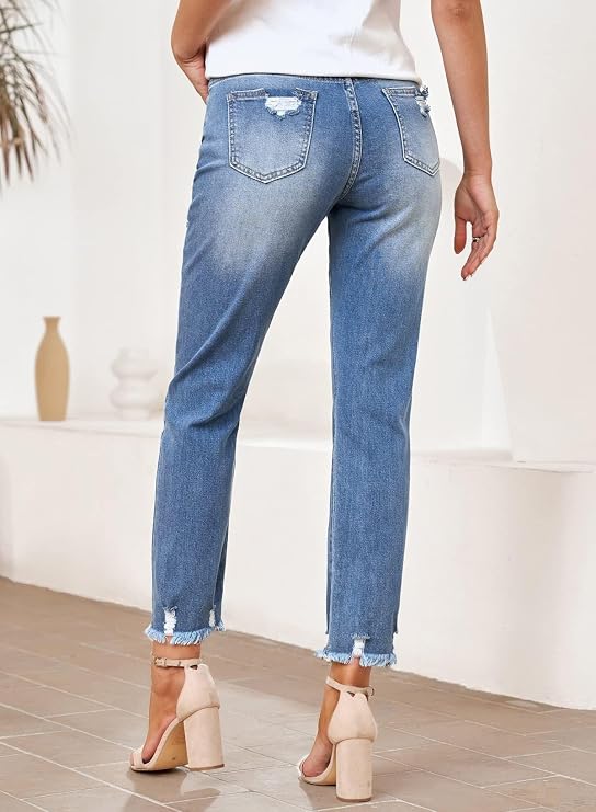 Women'S High Waisted Tummy Control Straight Ankle Ripped Jeans