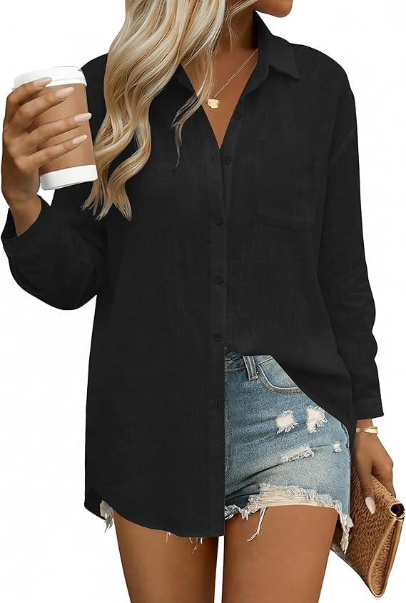 Womens Button down Shirts Linen Cotton Long Sleeve Blouses Casual Collared Loose Fit Gauze Tops with Pocket