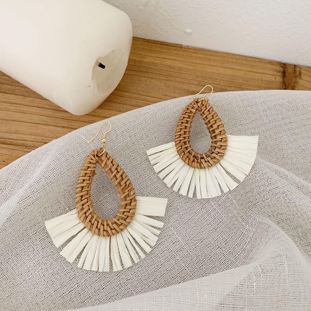Bohemia Tassel Earrings Statement Handmade Dangle Ethnic Fringe Earrings Bamboo Weaving Geometric Square Sector Gifts for Women