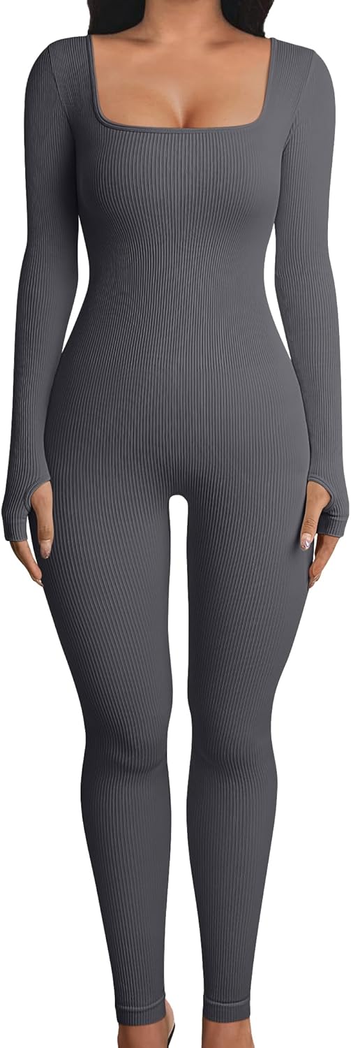 Women Long Sleeve Yoga Jumpsuits Workout Ribbed Bodysuits Pants Sexy One Piece