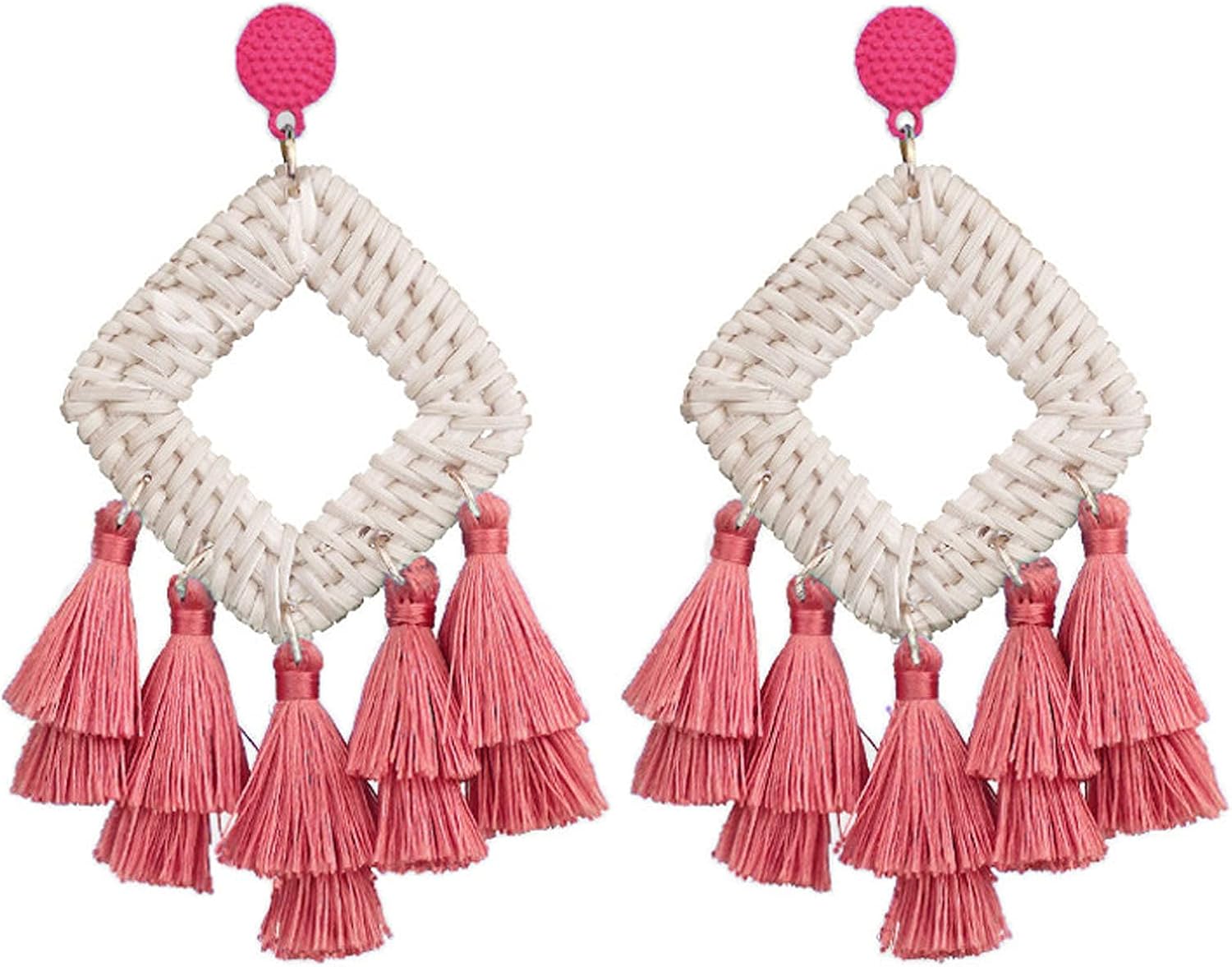 Bohemia Tassel Earrings Statement Handmade Dangle Ethnic Fringe Earrings Bamboo Weaving Geometric Square Sector Gifts for Women