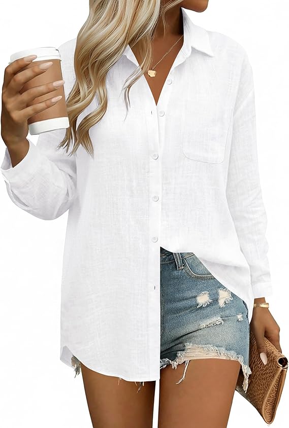 Womens Button down Shirts Linen Cotton Long Sleeve Blouses Casual Collared Loose Fit Gauze Tops with Pocket