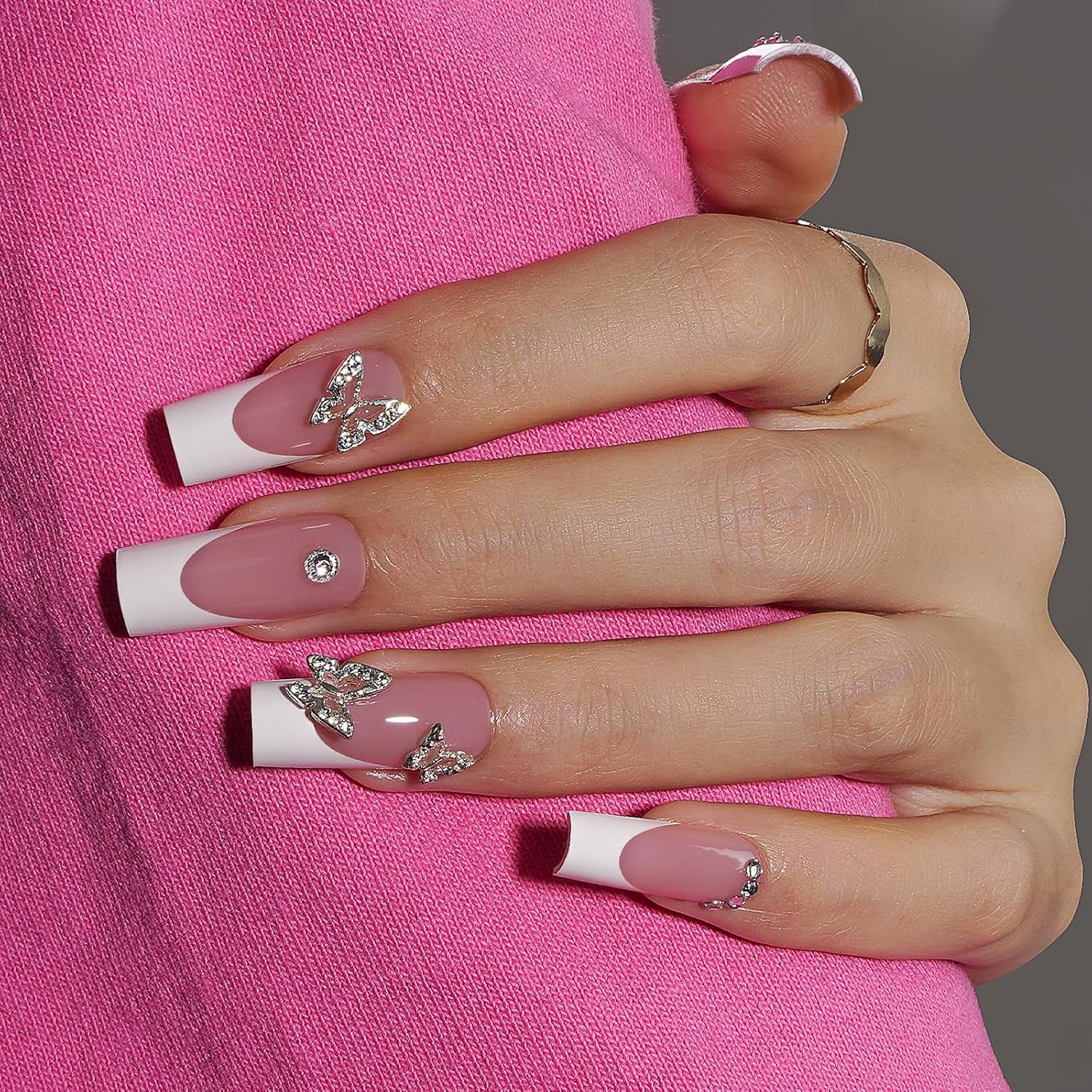 French Tip Press on Nails - 300Pcs Pre-Colored Quick and Easy Press on Nails Long Square Fake Nails with Designs DIY Gel Nail Tips, Pink White