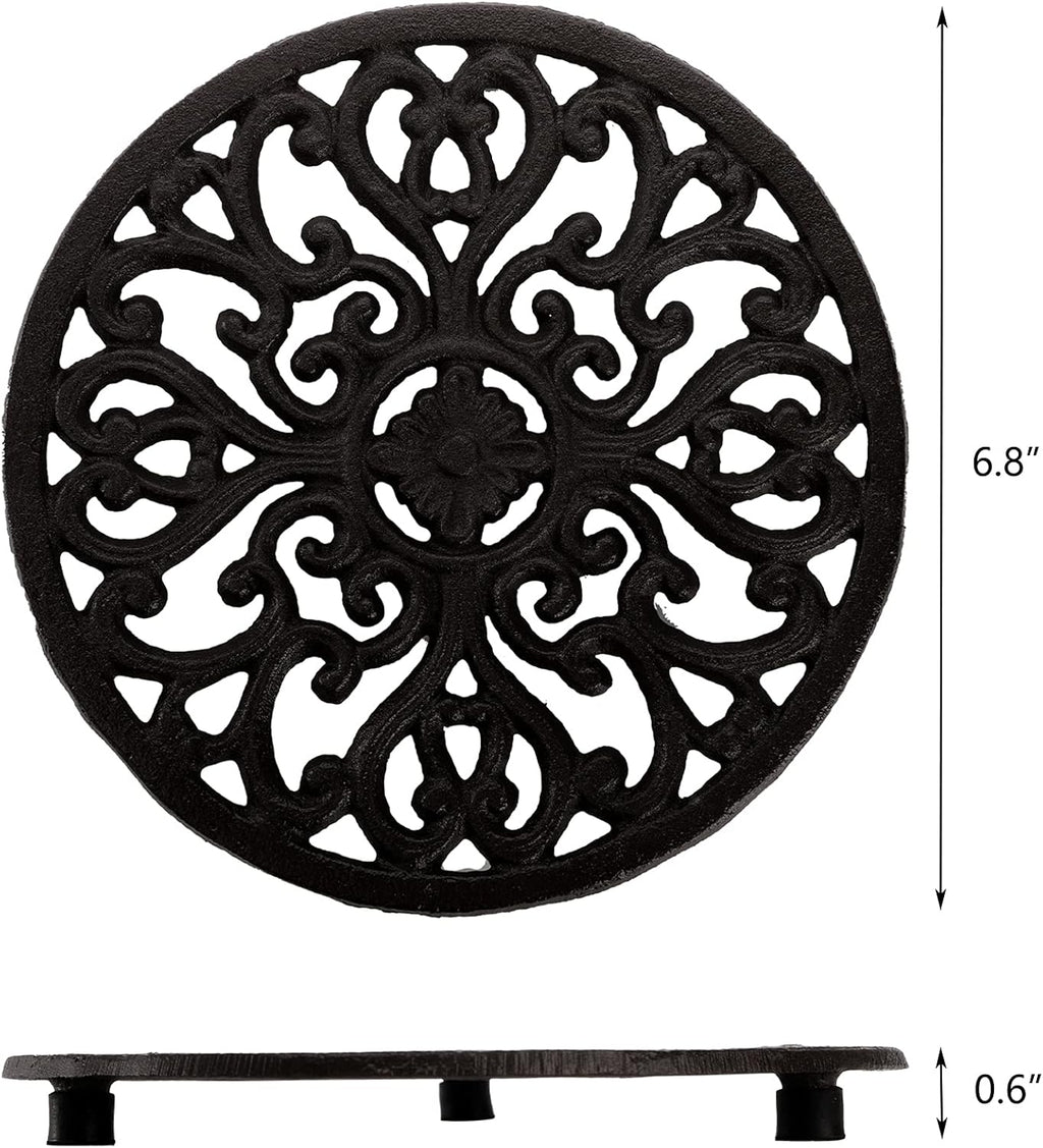 2 Pack Cast Iron Trivet, 6.8" Cast Iron round Trivet with Vintage Pattern and Rubber Pegs/Feet for Serving Hot Dish, Pot, Pans and Teapot on Kitchen Countertop or Dinning