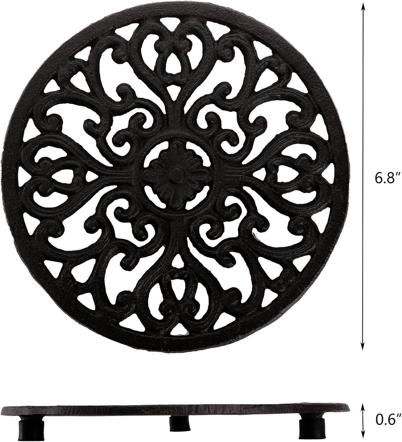 2 Pack Cast Iron Trivet, 6.8" Cast Iron round Trivet with Vintage Pattern and Rubber Pegs/Feet for Serving Hot Dish, Pot, Pans and Teapot on Kitchen Countertop or Dinning