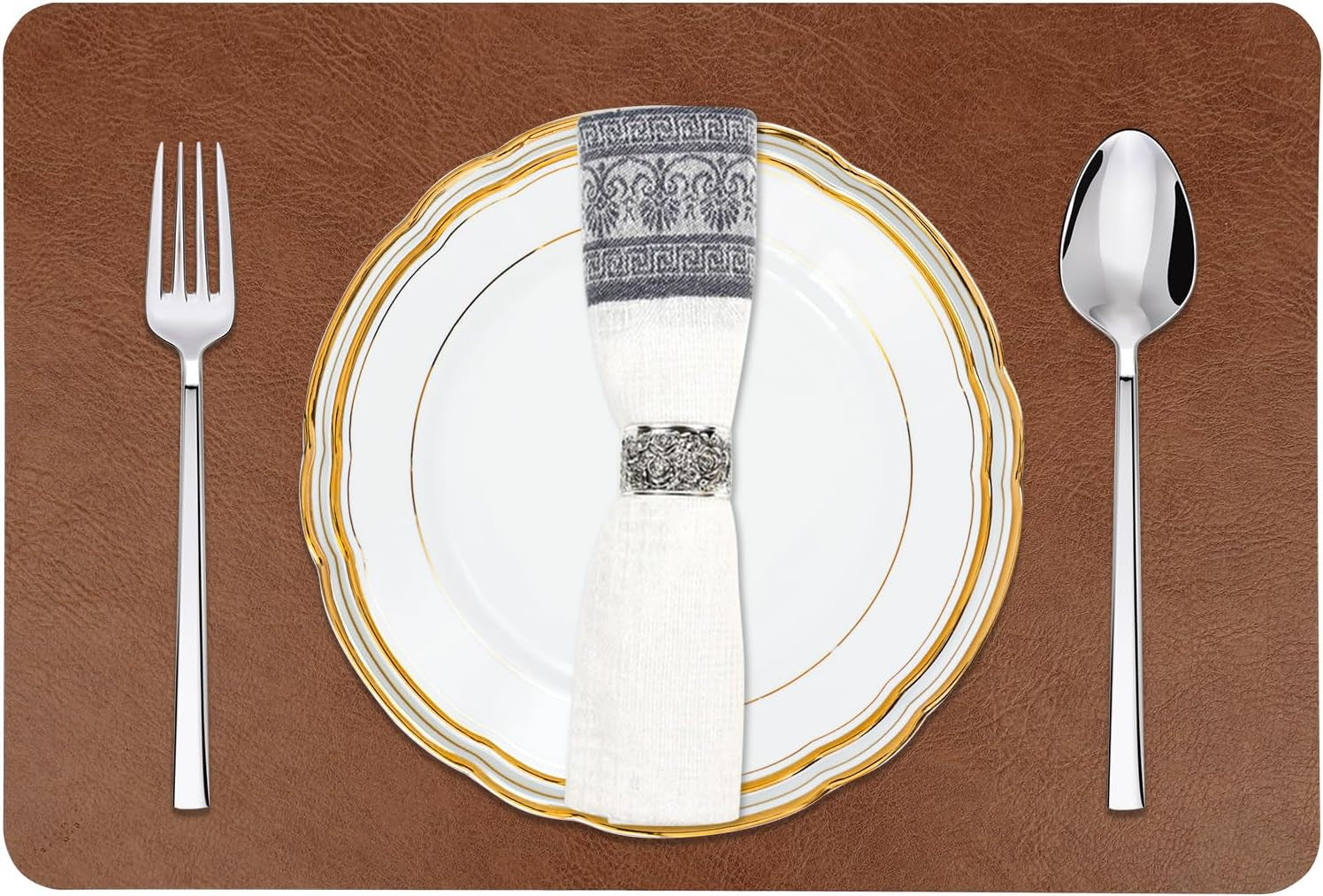Cowhide Pattern Faux Leather Placemats Set of 4,Heat Resistant Non-Slip Waterproof Wipeable Washable Kitchen Dining PU Table Place Mats,Double-Sides Available,Dark Coffee