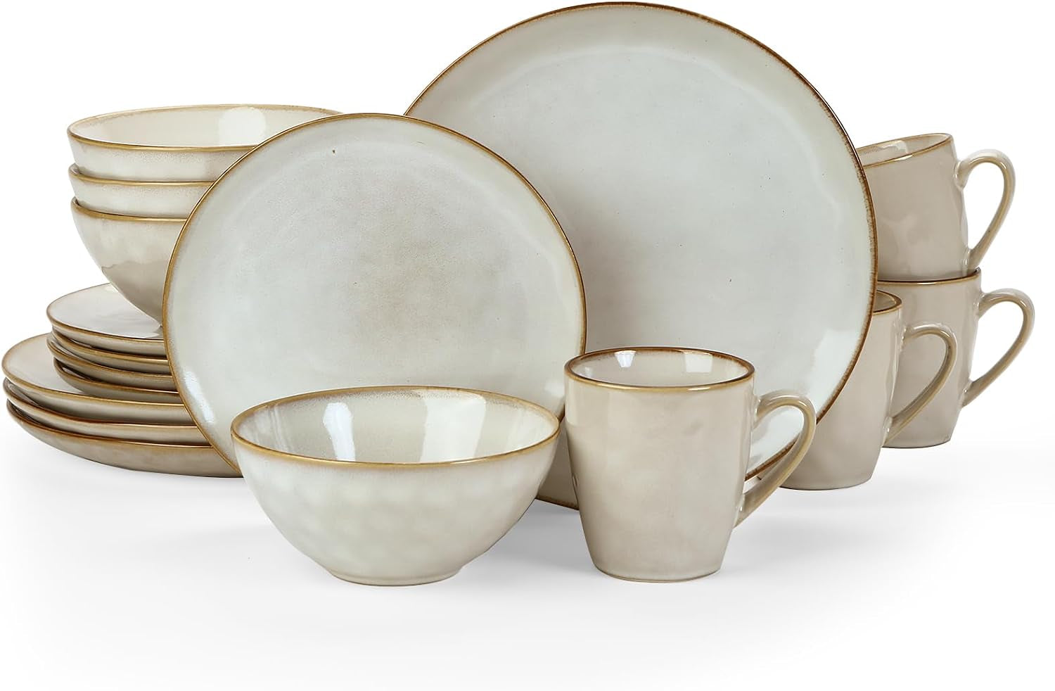 Ocean round Plates and Bowls Sets for Kitchen, 16-Piece Dinnerware Sets for 4, Mug Set for 4, Reactive Glaze, Cappuccino White