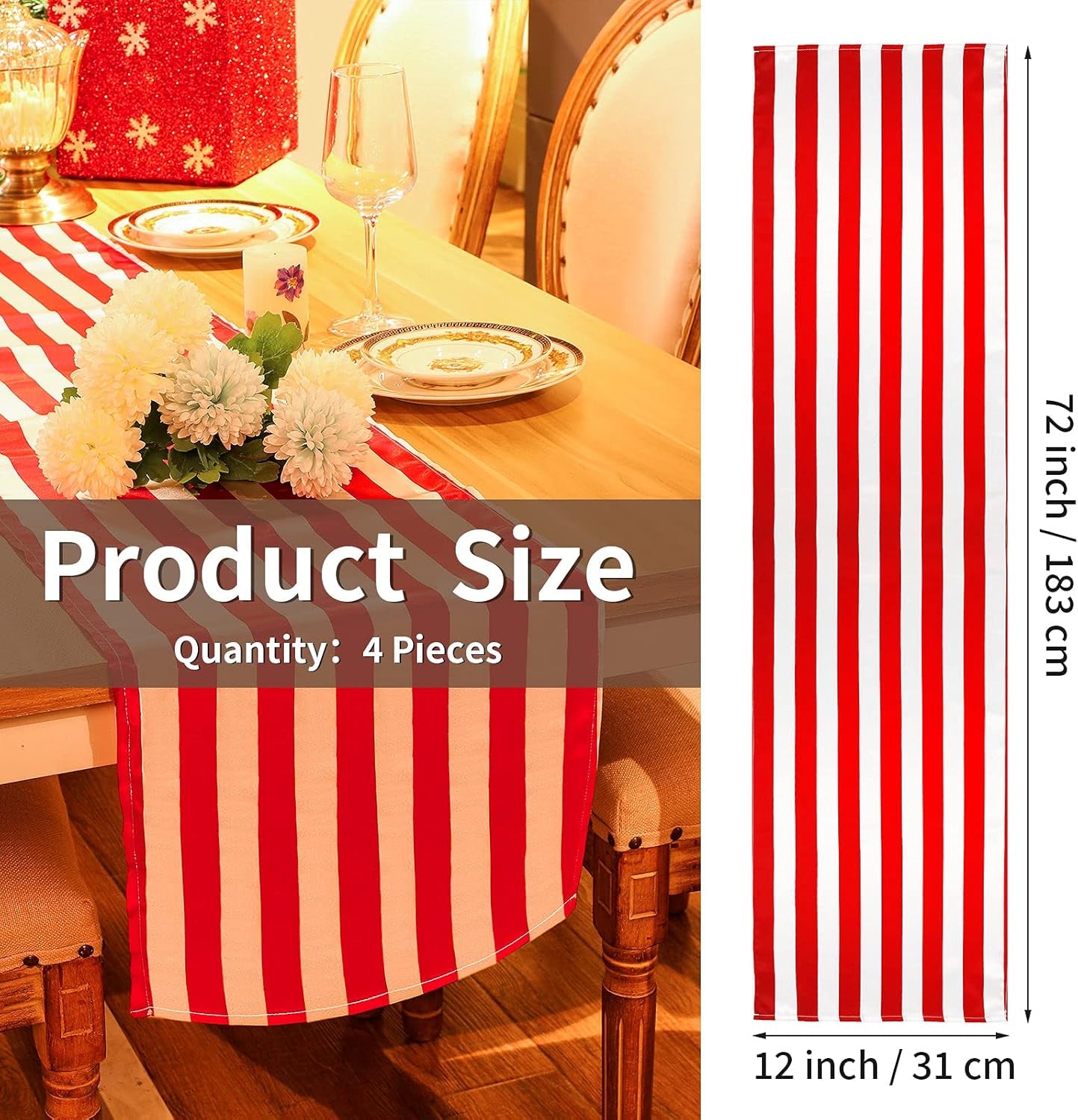 4 Pieces Striped Tablecloth Red and White Striped Table Runner Tablecloth Polyester Spring Elegant Classic Table Decor for Daily Events Family Banquet Parties Celebrations Outdoor(12 X 72 Inch)