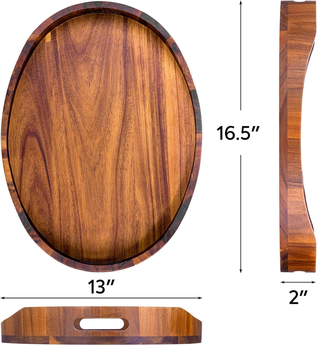 Acacia Wood Serving Tray with Handles, Decorative Ottoman Tray Platter for Breakfast in Bed, Living Room, Coffee Table, Lunch, Dinner, Bathroom, Candle Display,16.5"X13"