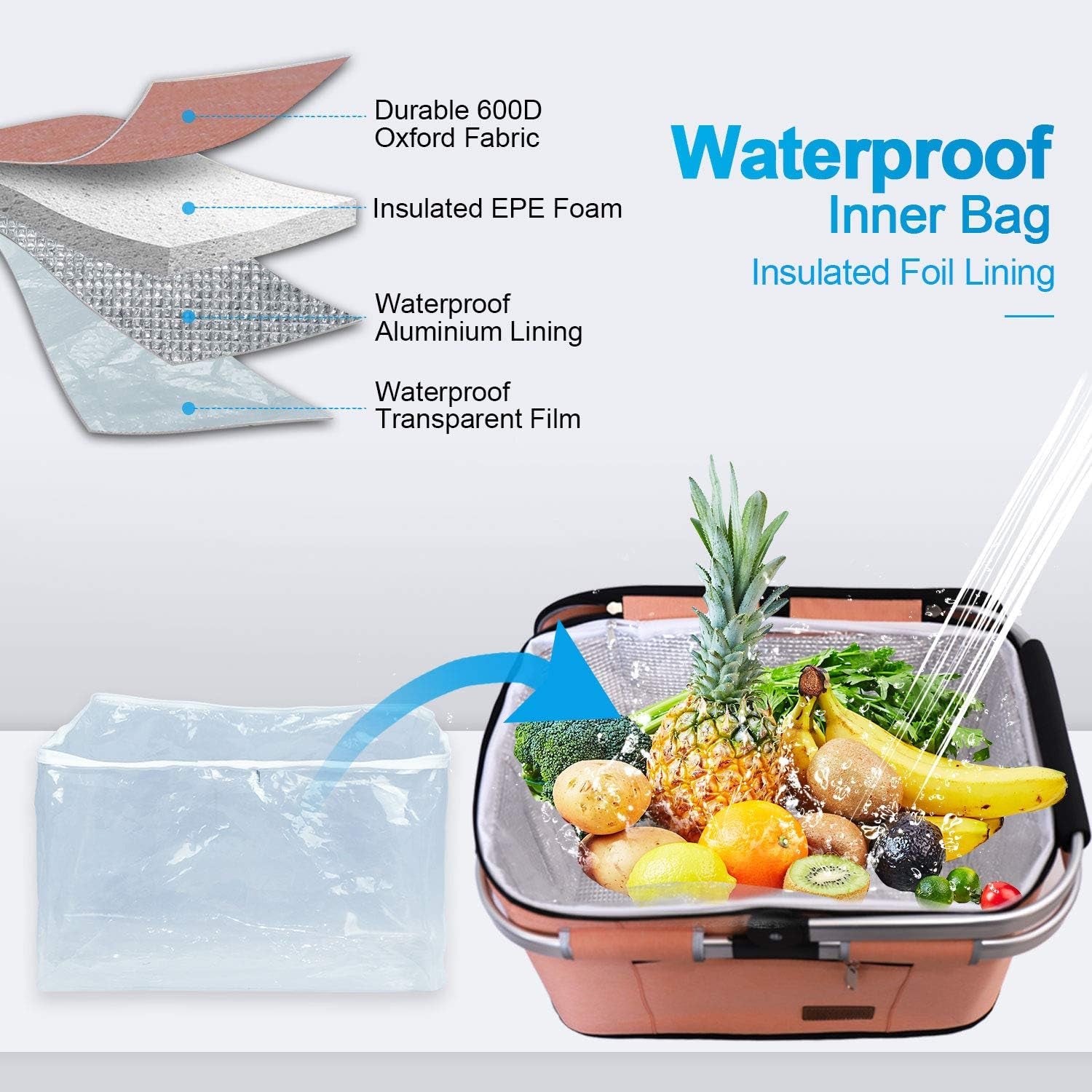 35L Large Picnic Basket 2 Layers of Internal Pockets Leak-Proof and Insulated ，Folding with Internal Support for Enhansed Stability, Wedding Gifts for Couple(Salmon Color)