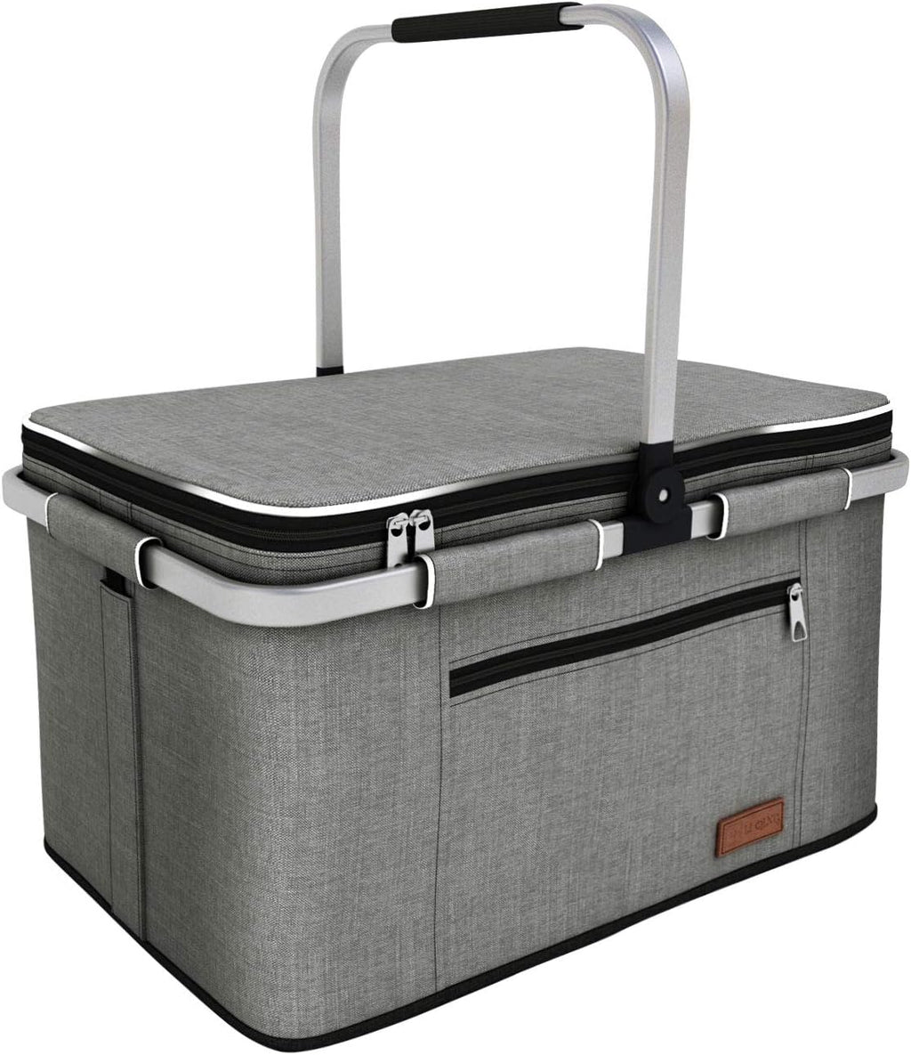 35L Large Picnic Basket 2 Layers of Internal Pockets Leak-Proof and Insulated ，Folding with Internal Support for Enhansed Stability, Wedding Gifts for Couple(Grey)