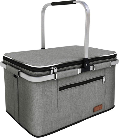 35L Large Picnic Basket 2 Layers of Internal Pockets Leak-Proof and Insulated ，Folding with Internal Support for Enhansed Stability, Wedding Gifts for Couple(Grey)