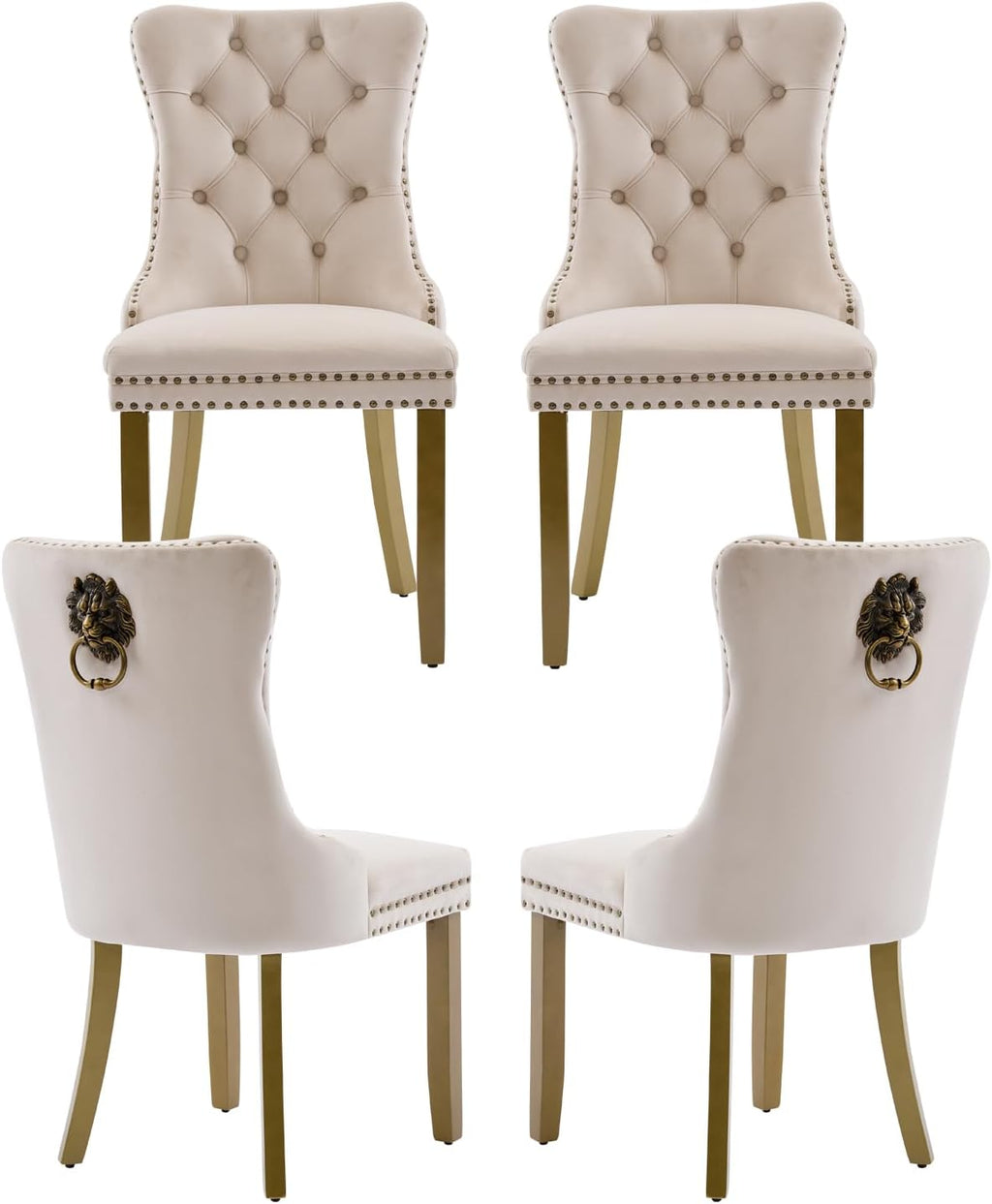 Beige Velvet Dining Chairs Set of 4, Upholstered with Lion Head Pulls and Golden Solid Wood Legs, Modern Button Tufted Kitchen Chairs for Dining Room