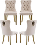 Beige Velvet Dining Chairs Set of 4, Upholstered with Lion Head Pulls and Golden Solid Wood Legs, Modern Button Tufted Kitchen Chairs for Dining Room