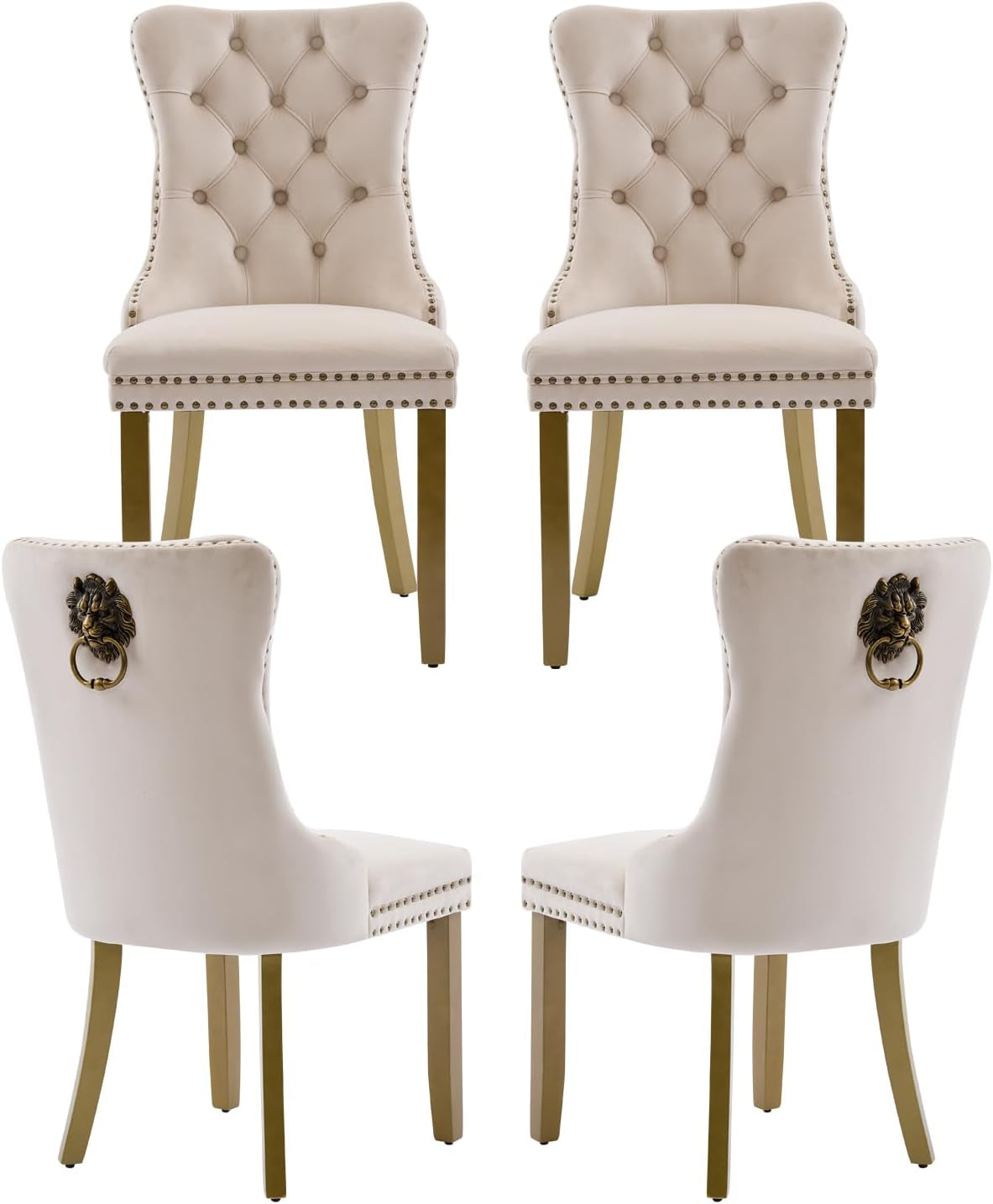 Beige Velvet Dining Chairs Set of 4, Upholstered with Lion Head Pulls and Golden Solid Wood Legs, Modern Button Tufted Kitchen Chairs for Dining Room