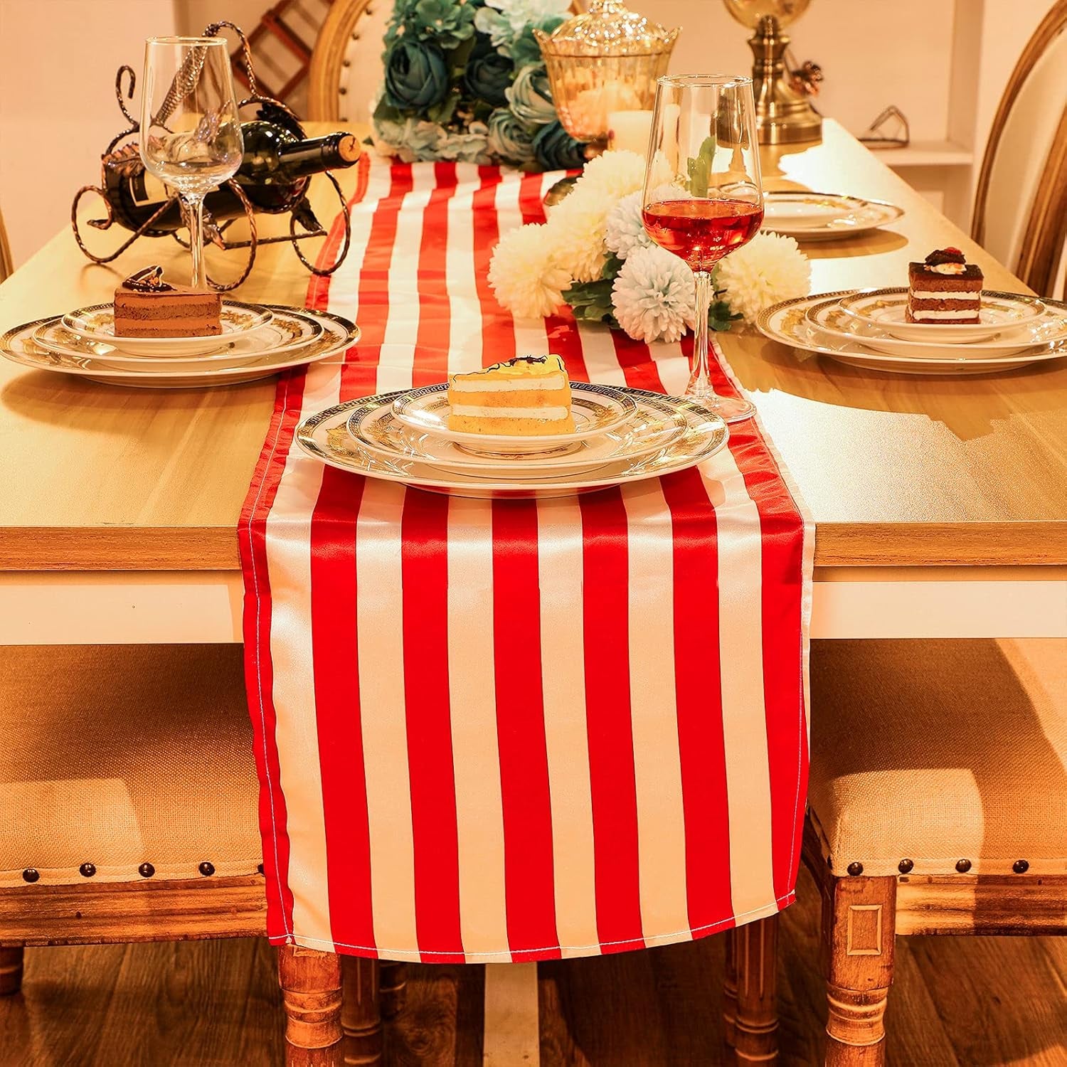 4 Pieces Striped Tablecloth Red and White Striped Table Runner Tablecloth Polyester Spring Elegant Classic Table Decor for Daily Events Family Banquet Parties Celebrations Outdoor(12 X 72 Inch)