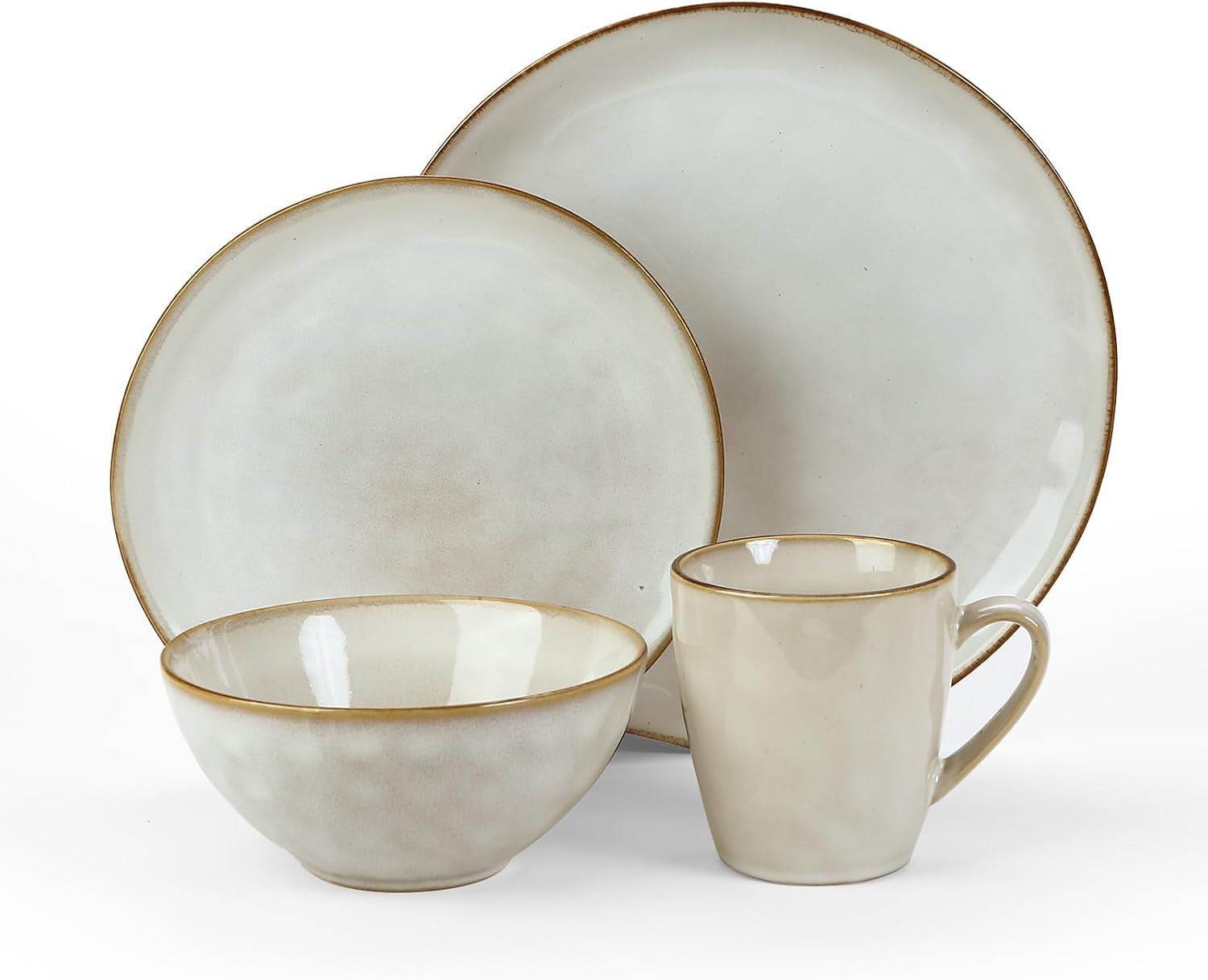 Ocean round Plates and Bowls Sets for Kitchen, 16-Piece Dinnerware Sets for 4, Mug Set for 4, Reactive Glaze, Cappuccino White