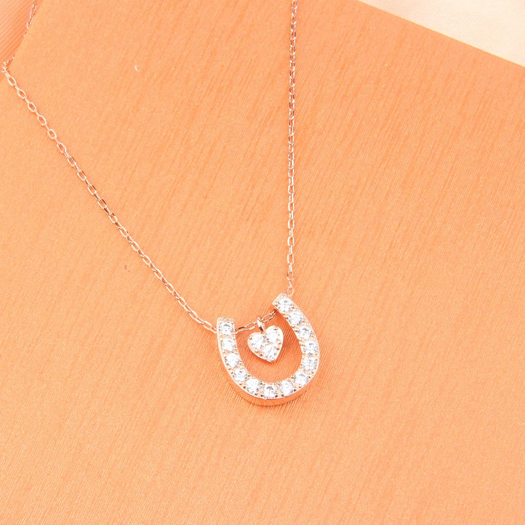 Horseshoe Charm Necklace Rose Gold Lucky Horseshoe with Love Heart Pendant Necklace Girlfriend Gift Daughter