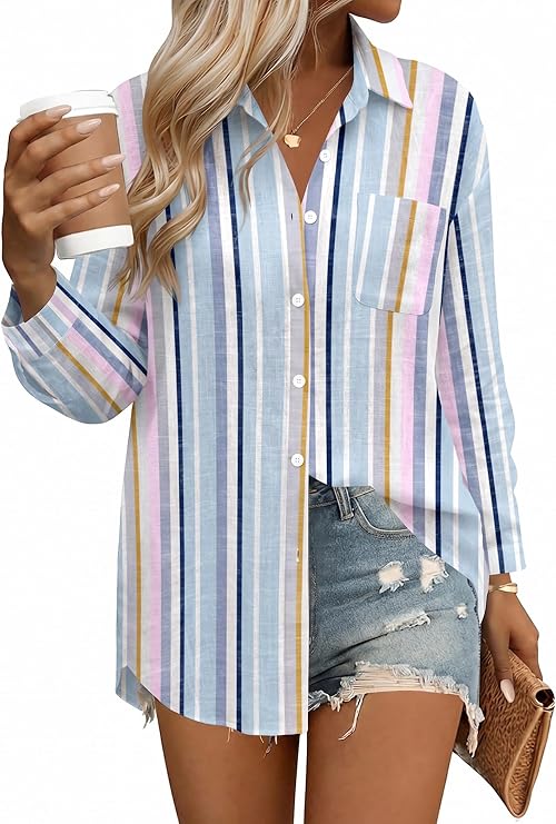 Womens Button down Shirts Linen Cotton Long Sleeve Blouses Casual Collared Loose Fit Gauze Tops with Pocket