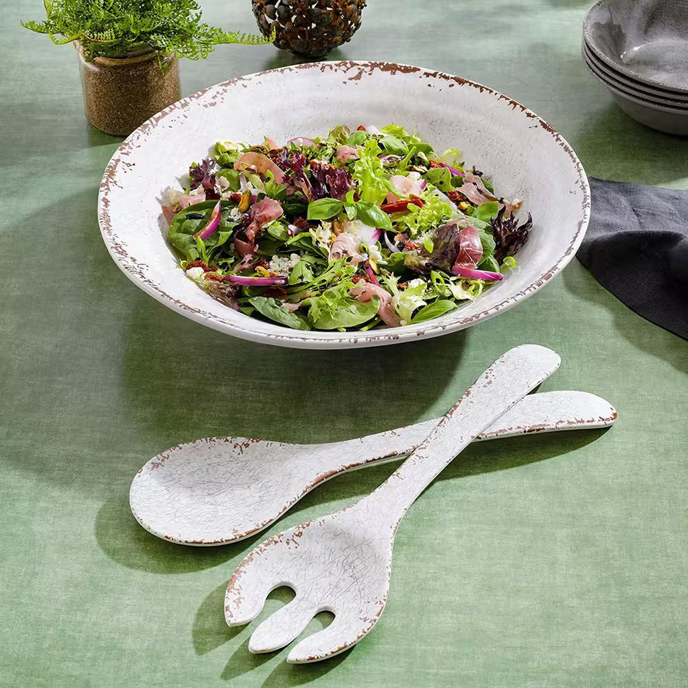 Mauna 14 In. 30 Fl.Oz. White Melamine Serving Bowl Set with Serving Utensils (Set of 3)
