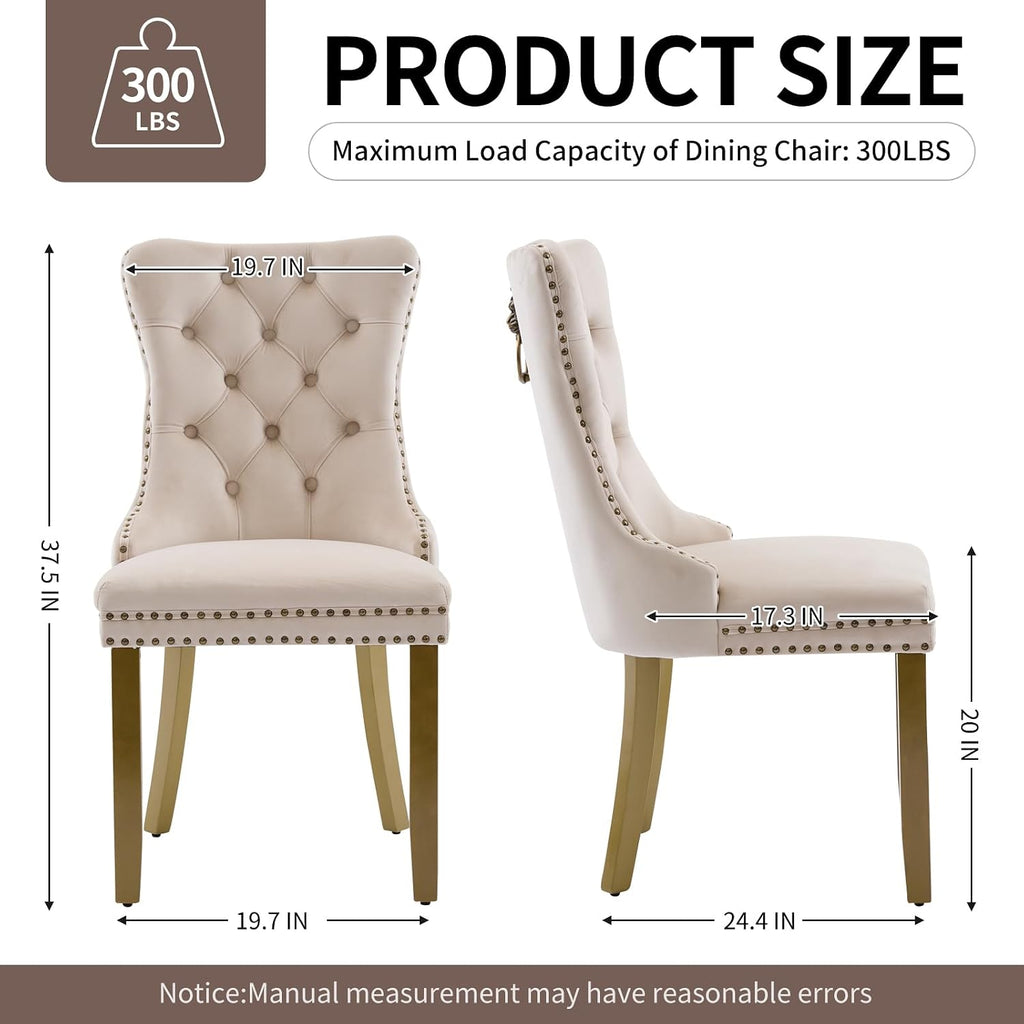 Beige Velvet Dining Chairs Set of 4, Upholstered with Lion Head Pulls and Golden Solid Wood Legs, Modern Button Tufted Kitchen Chairs for Dining Room