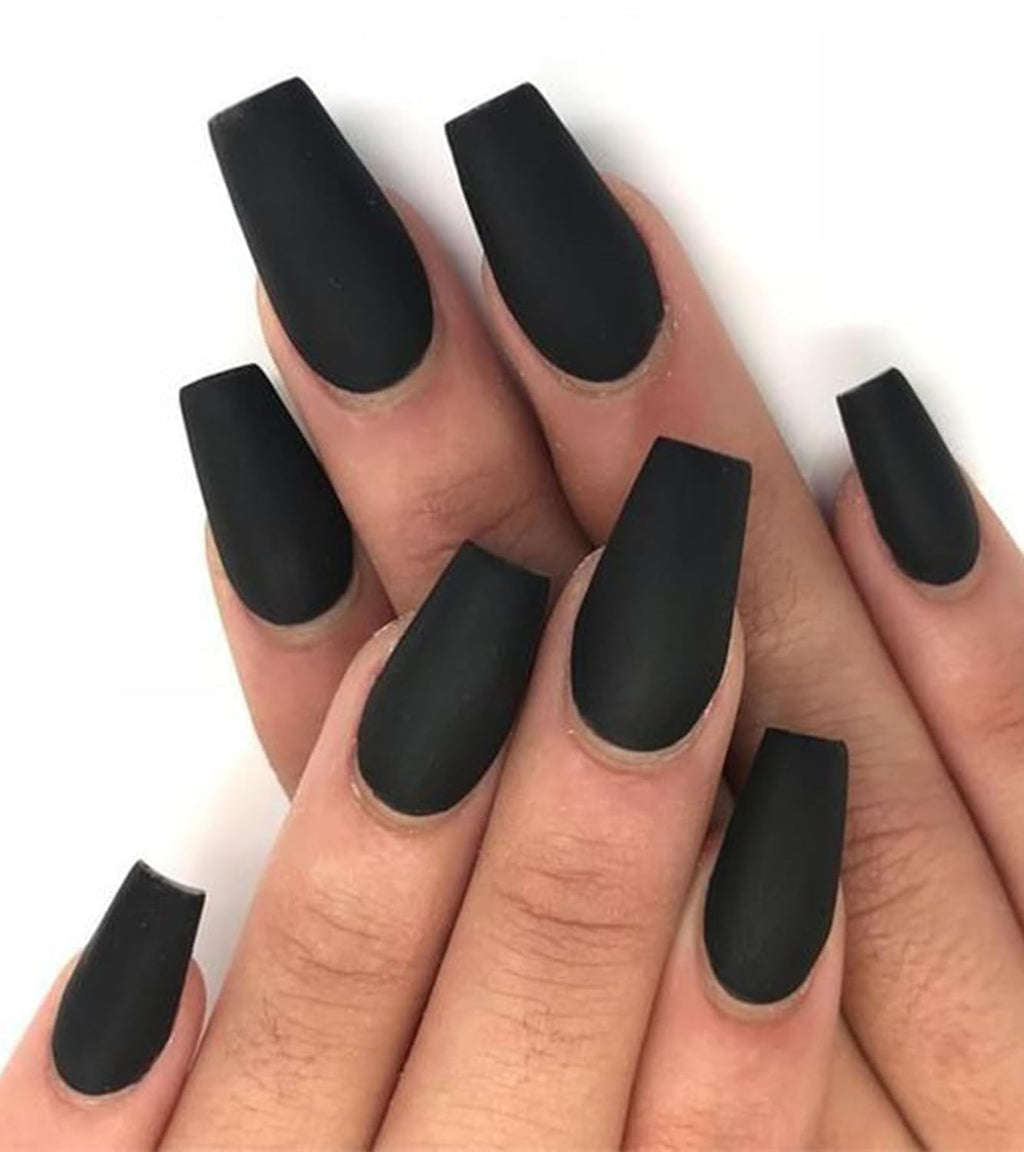Press on Nails - Black Velvet Coffin Matte Fake Nails, Long, Solid Color Stick on Nails in 12 Sizes, 24PCS Glue on Nails