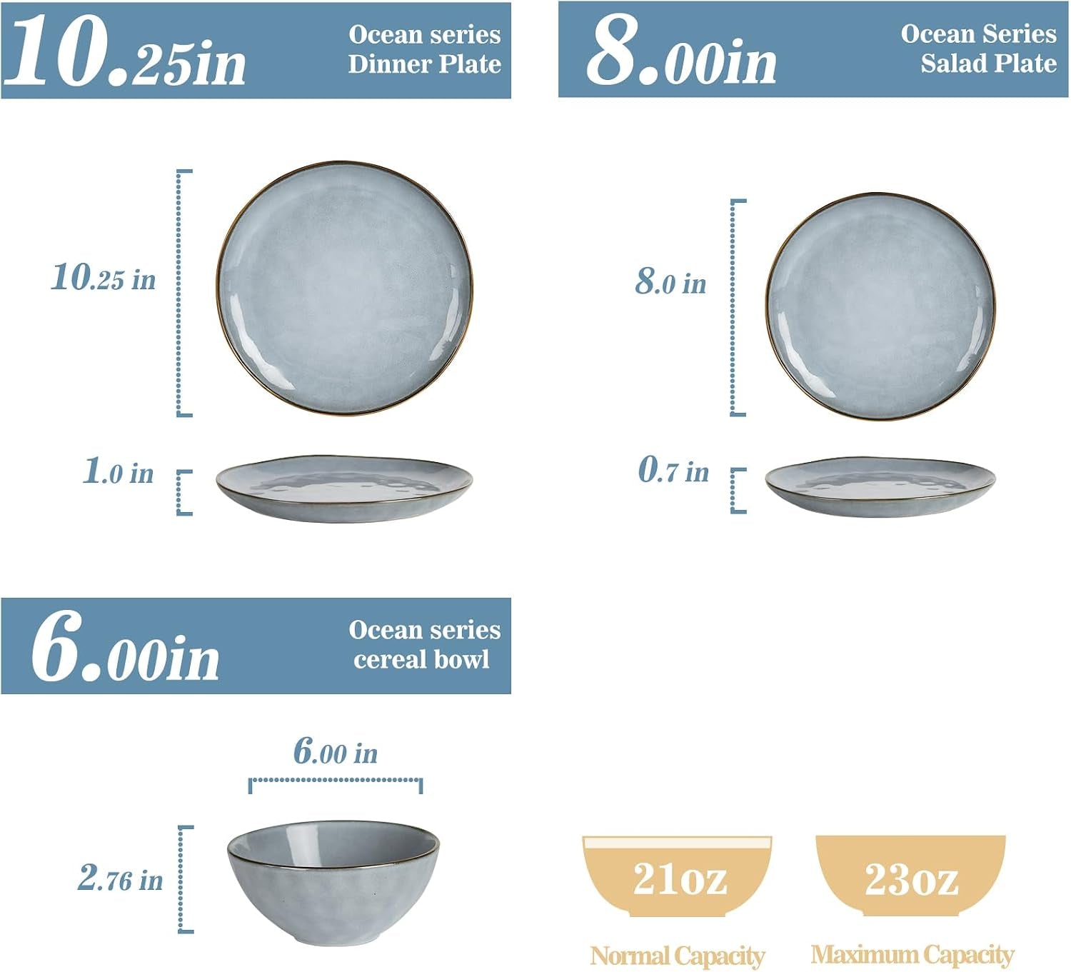 Ocean round Plates and Bowls Sets for Kitchen, 16-Piece Dinnerware Sets for 4, Mug Set for 4, Reactive Glaze, Blue