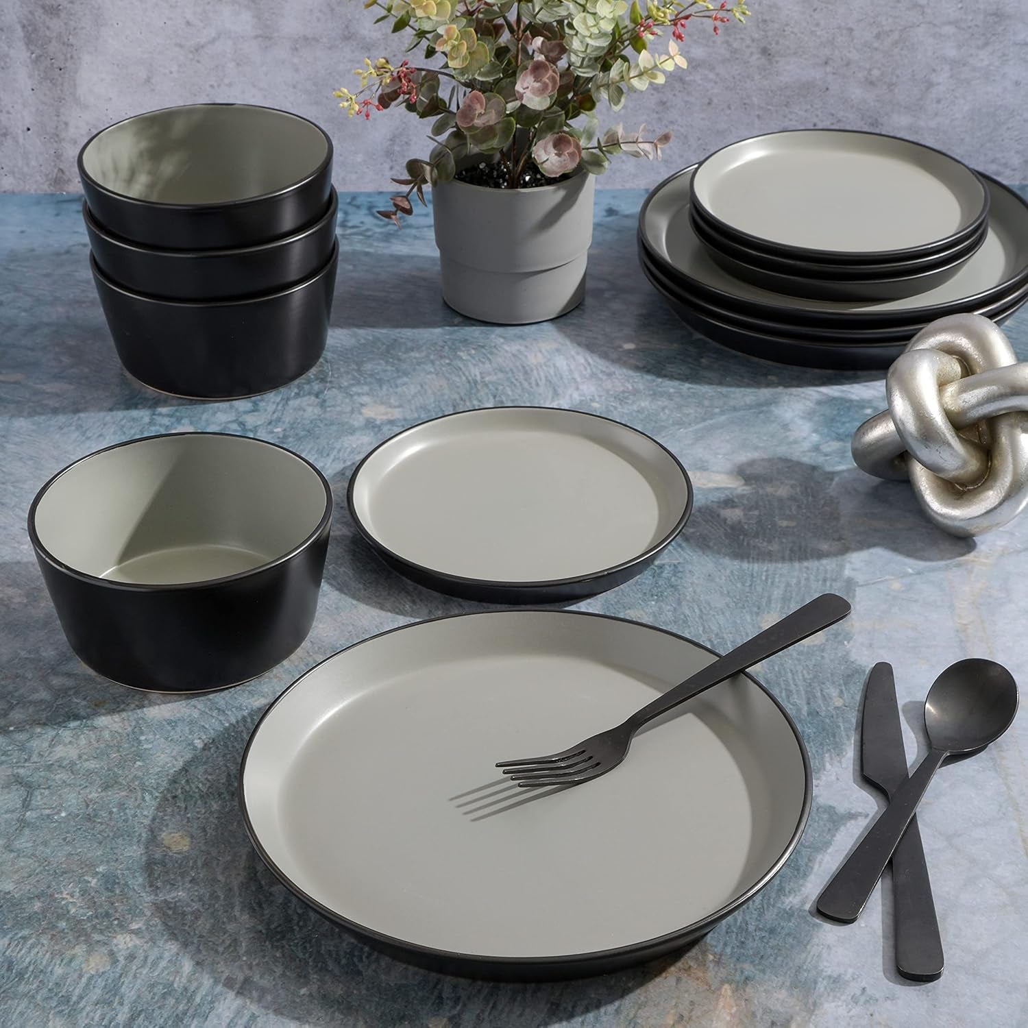 Sofia Coupe 12-Piece Stoneware Dinnerware Set, Service for 4 – Grey Plates and Bowls