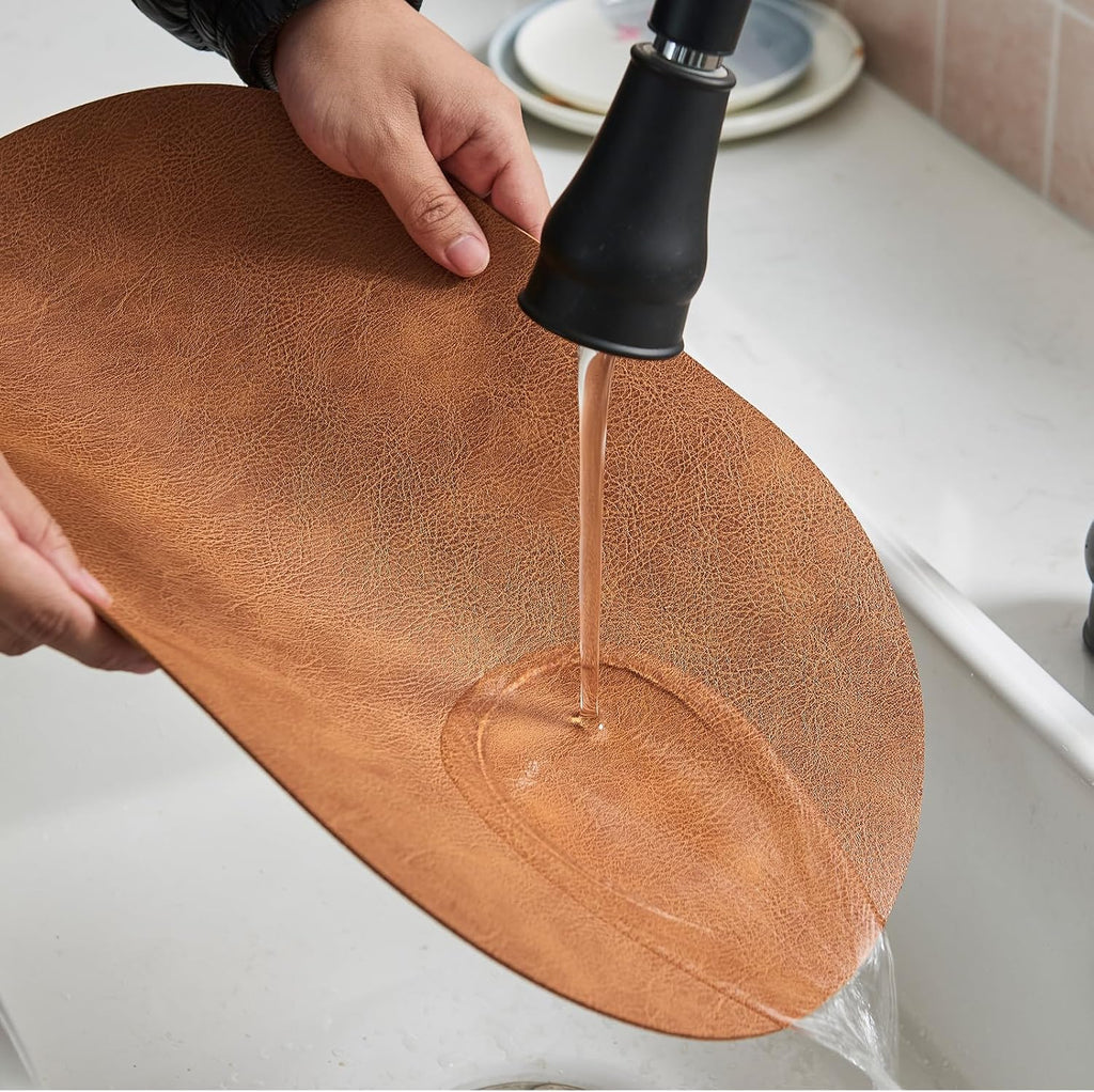 Faux Leather Placemats Set of 6, Heat Resistant Oval Placemats 12" X 18", Waterproof Non-Slip Dining Table Mats for Kitchen Farmhouse Modern Home Decor