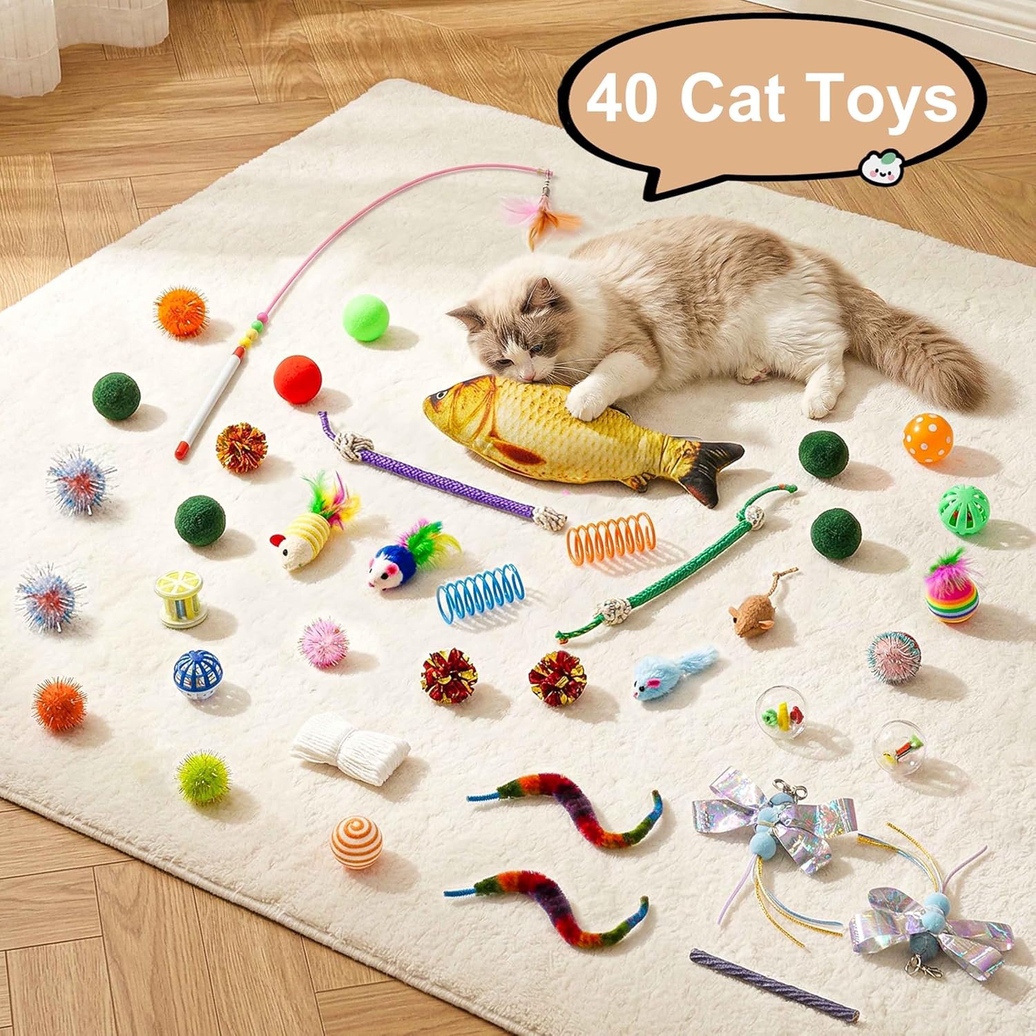 Cat Tunnel Bed with 40 Pcs Interactive Cat Toys, Cat Tube with Kitten Toys for Indoor Kittens, Collapsible Play Tunnel, White