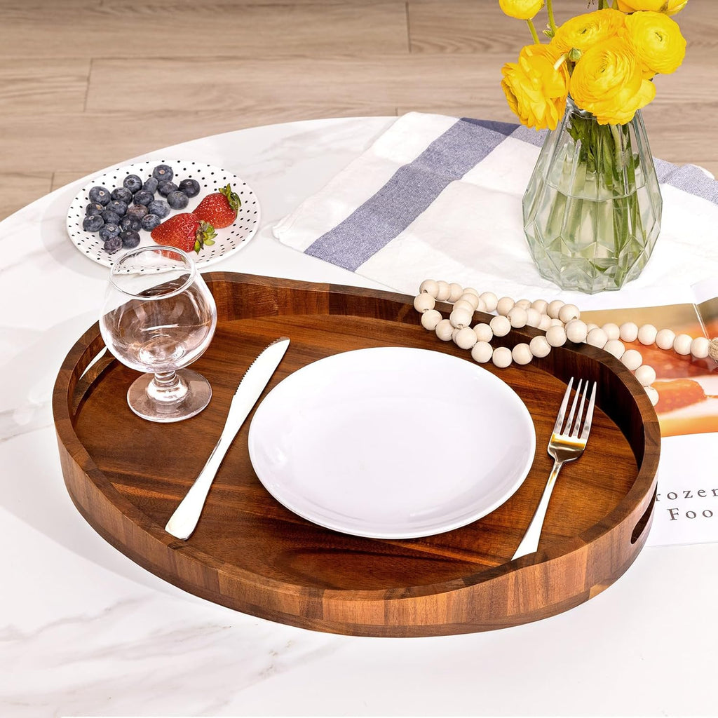Acacia Wood Serving Tray with Handles, Decorative Ottoman Tray Platter for Breakfast in Bed, Living Room, Coffee Table, Lunch, Dinner, Bathroom, Candle Display,16.5"X13"