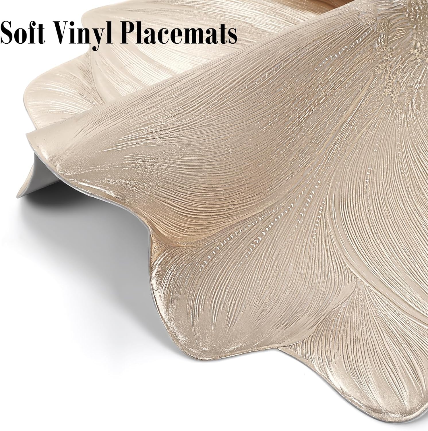 Gold Metallic round Placemats 15" Set of 6, Pressed Lotus Flower Design, Washable & Non-Slip Vinyl - Perfect for Dinner, Holiday, Wedding Decor & Party Table Settings