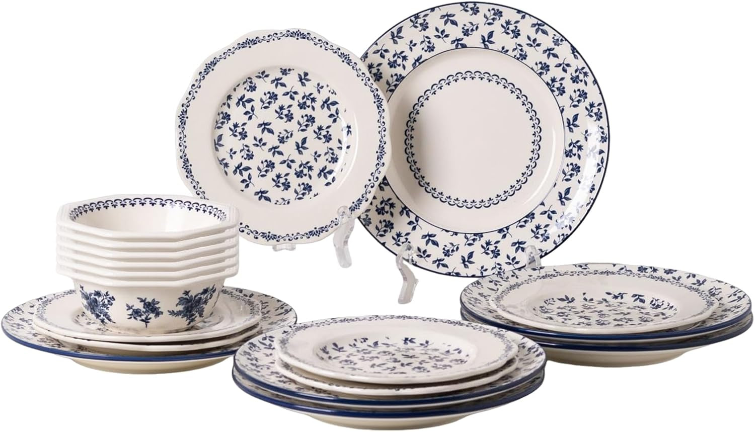Dinnerware Set, Blue Manor 18-Piece Ceramic Dishware Set, Underglaze Floral Pattern, Premium Porcelain Dish Set for 6, Includes Plates & Bowls, Dishwasher Safe