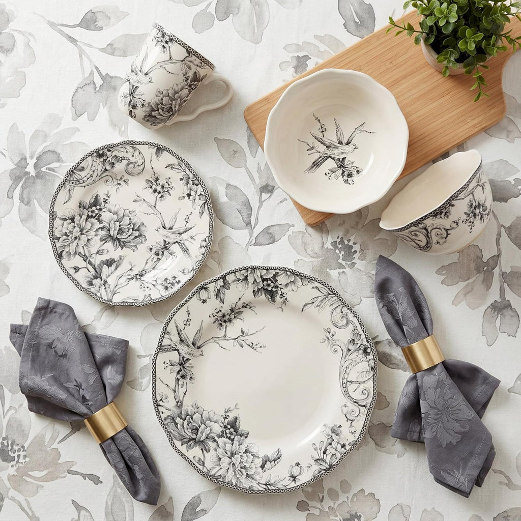 Adelaide 16-Piece Casual Grey Porcelain Dinnerware Set – Service for 4, Classic Toile Bird & Floral Design, Microwave & Dishwasher Safe, for Everyday Dining & Entertainment