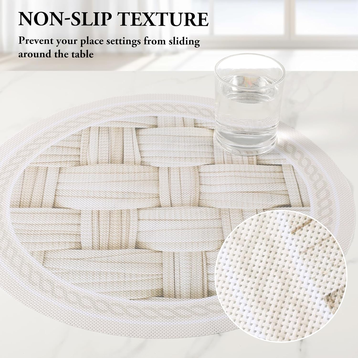 15 Inch round Placemats Set of 4,Washable Wipeable Durable Place Mats for Dining Table,Kitchen Decor, Non Slip Lace PVC Vinyl Braided Table Mats(4, Cross-Weave Straw)