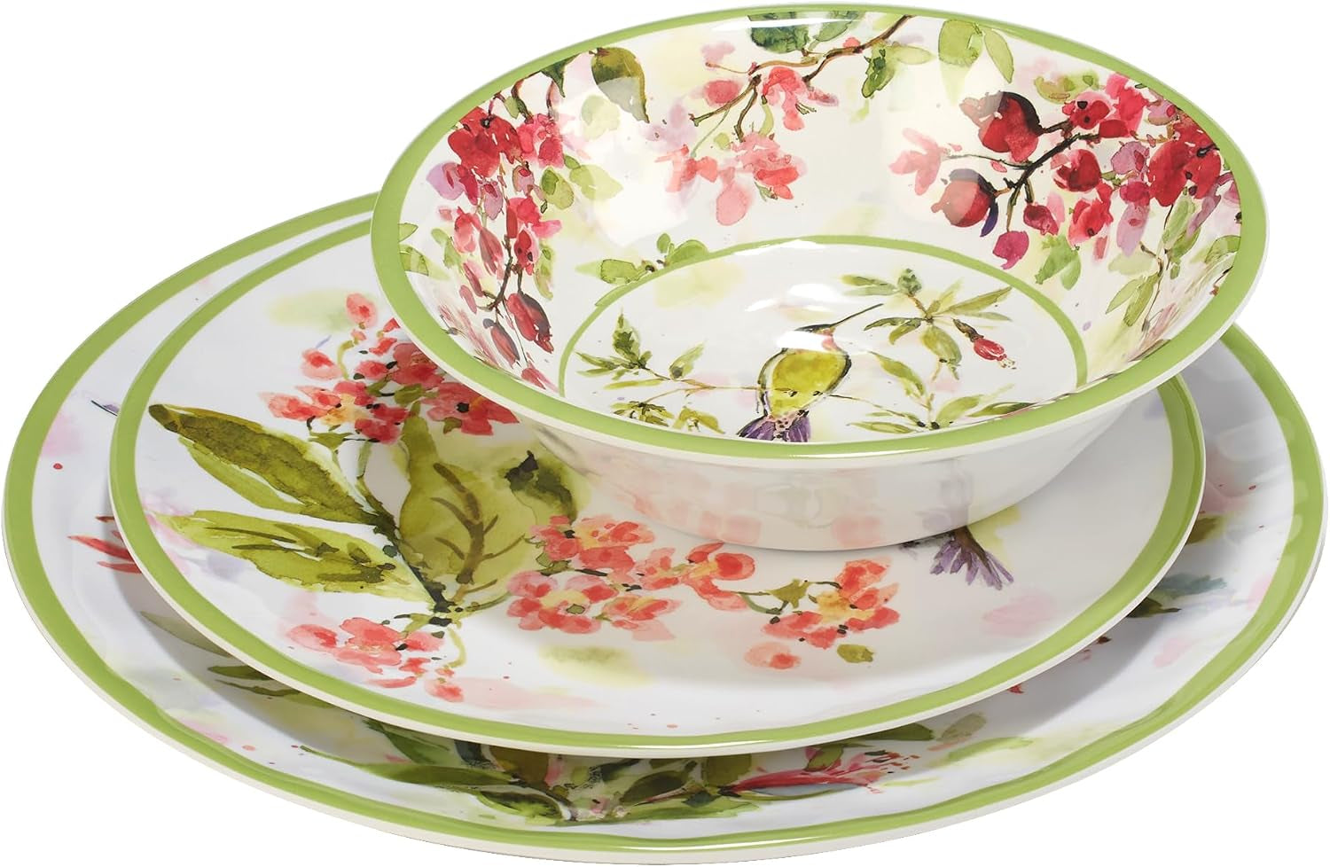 Hummingbirds 12-Piece Melamine Dinnerware Set – Service for 4 with Dinner, Salad, and Bowls – Lightweight, Durable, Dishwasher Safe, Floral Hummingbird Design for Indoor & Outdoor Dining