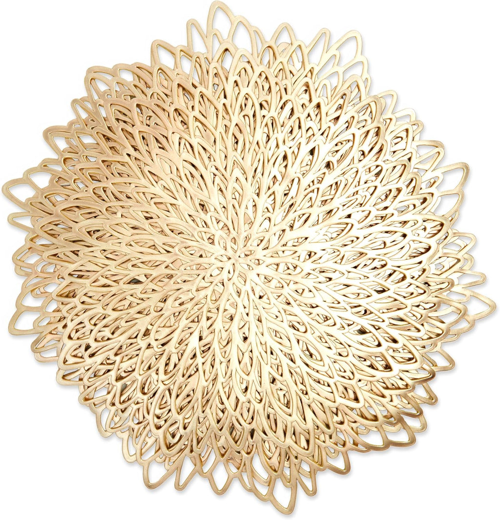 10 Pack Gold Vinyl Placemats - 14.4" X 14.4" round Table Mats and Plate Chargers with Leaf Design for Elegant Table Decor and Protection - Stylish Charger Plates for Events and Wedding Parties