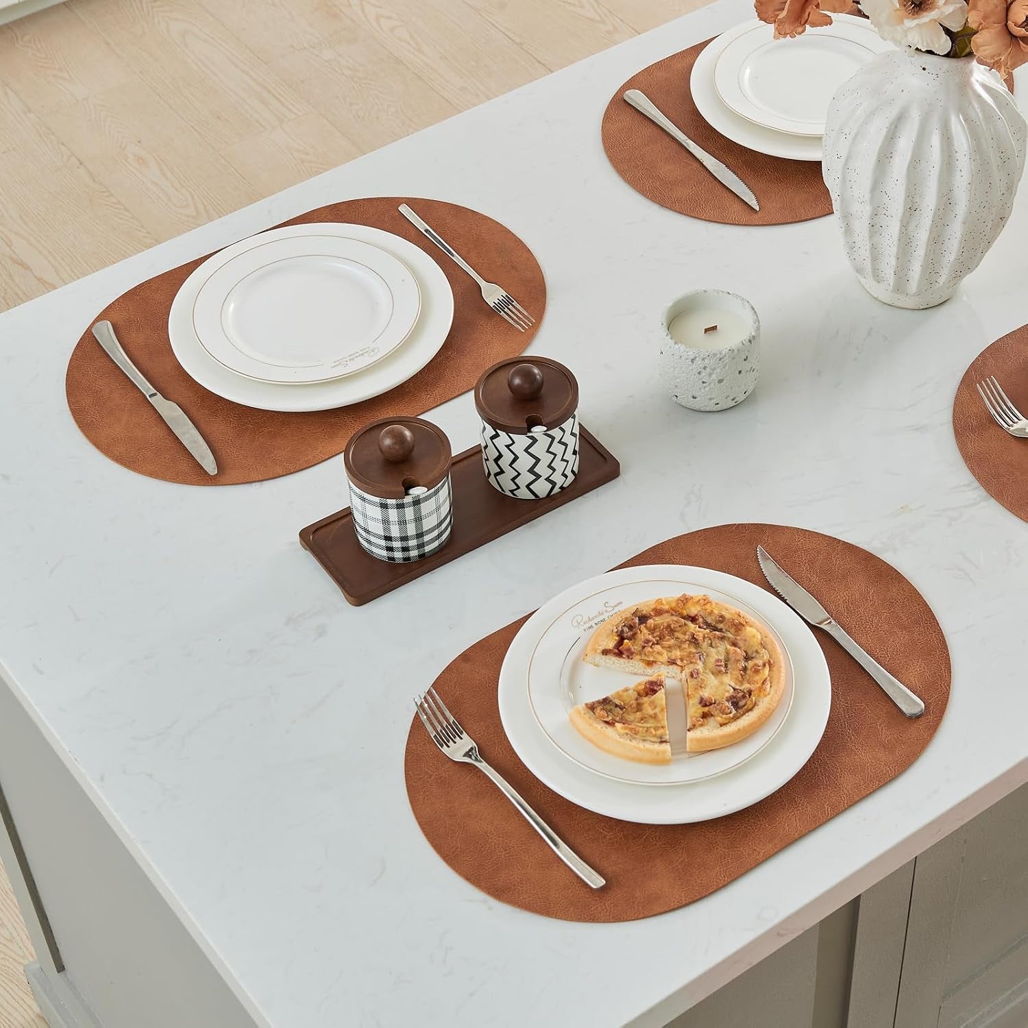 Faux Leather Placemats Set of 6, Heat Resistant Oval Placemats 12" X 18", Waterproof Non-Slip Dining Table Mats for Kitchen Farmhouse Modern Home Decor