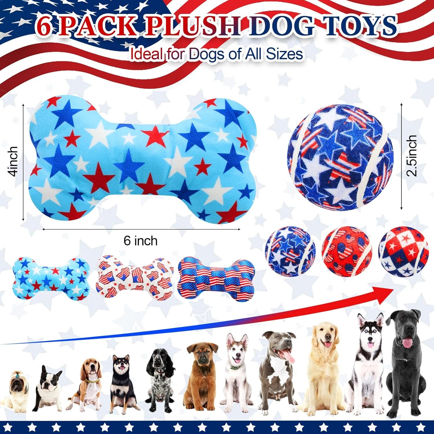 6 Pcs 4Th of July Dog Toys Patriotic Day 250Th Anniversary Puppy Tennis Balls and Squeaky Bone Plush Red White and Blue Toys for Small Medium Large Dog Plush Chew Training Toss Balls Gift
