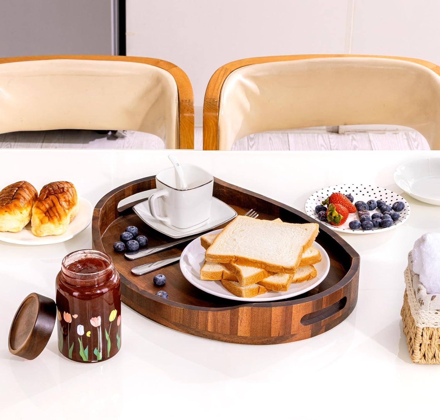 Acacia Wood Serving Tray with Handles, Decorative Ottoman Tray Platter for Breakfast in Bed, Living Room, Coffee Table, Lunch, Dinner, Bathroom, Candle Display,16.5"X13"