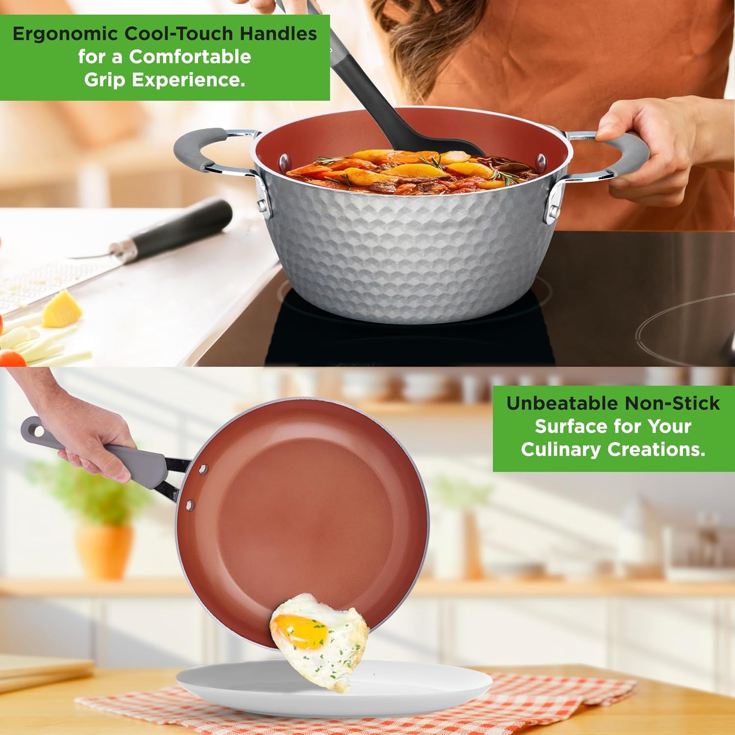 11 Piece Nonstick Ceramic Cookware Set - Pots and Pans Set with Ergonomic Handles, Induction Ready, Includes Saucepan, Dutch Oven, Large & Small Fry Pans