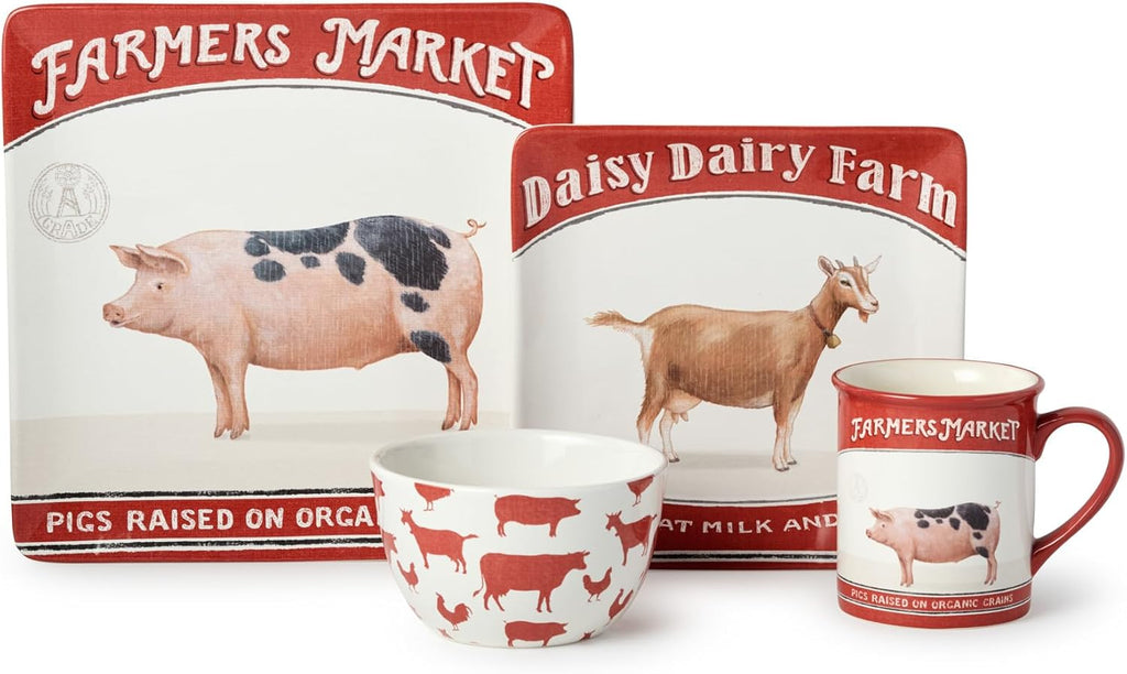 Vintage Farm 16-Piece Dinnerware Set, Includes 10.5-Inch Dinner Plates, 8.5-Inch Salad Plates, 16-Oz Mugs & 5.25-Inch Bowls, Farm Animal Design with Red Accents, Rustic & Dishwasher Safe